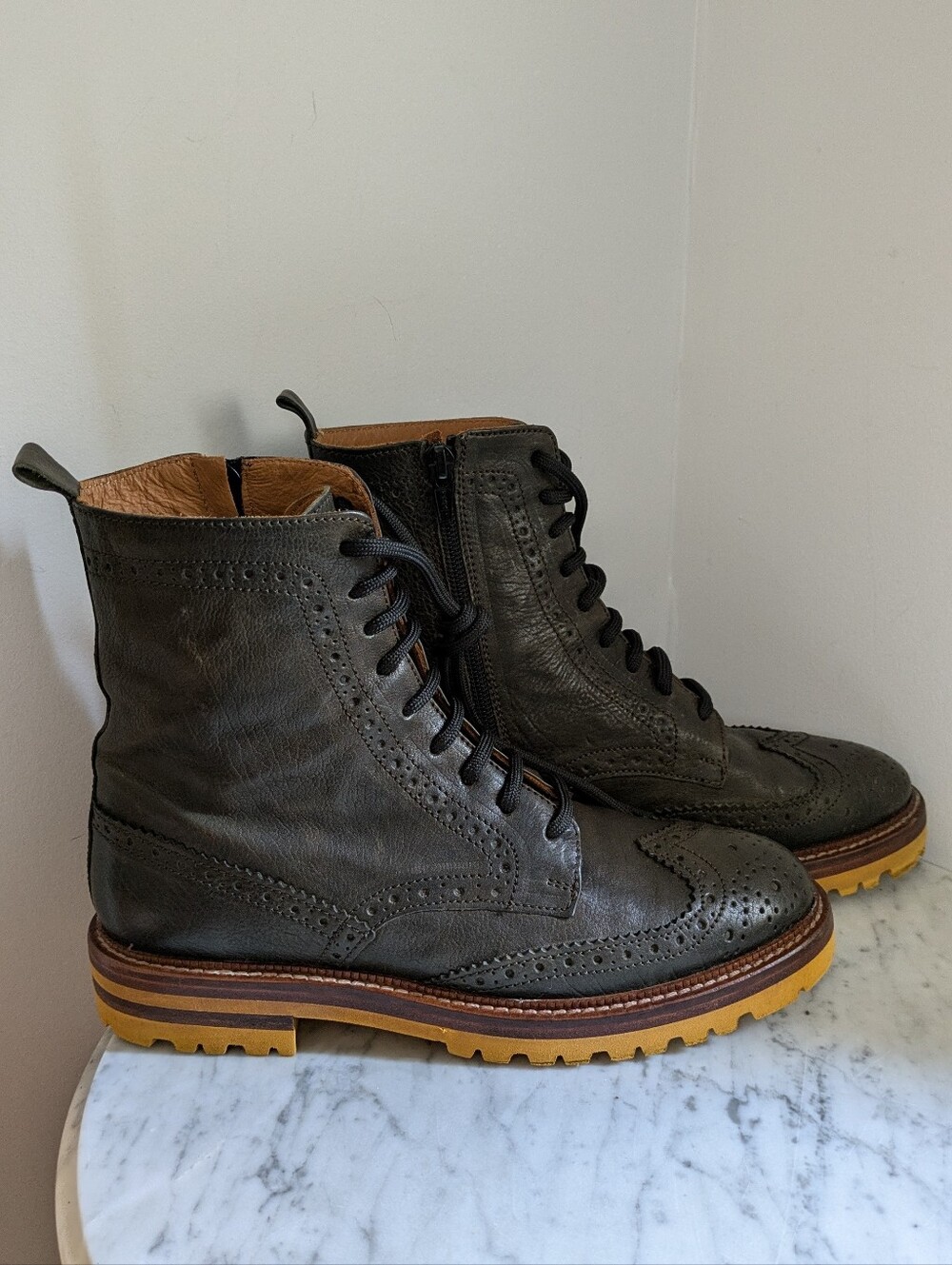 Women's Zoe@Shoes Dark Olive Lace-Up Brogue Boots with Lug Sole Size